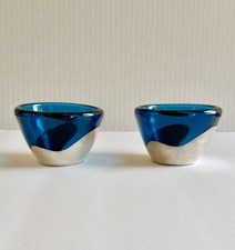 Set of 2 Whorra Art Glass Bowls w/ Sterling Silver .925 Blue Cobalt Teal * 3.5”