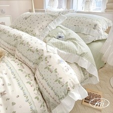 Twin Comforter Set with Flower Green Leaves Prints White Ruffle Bedding Down ...