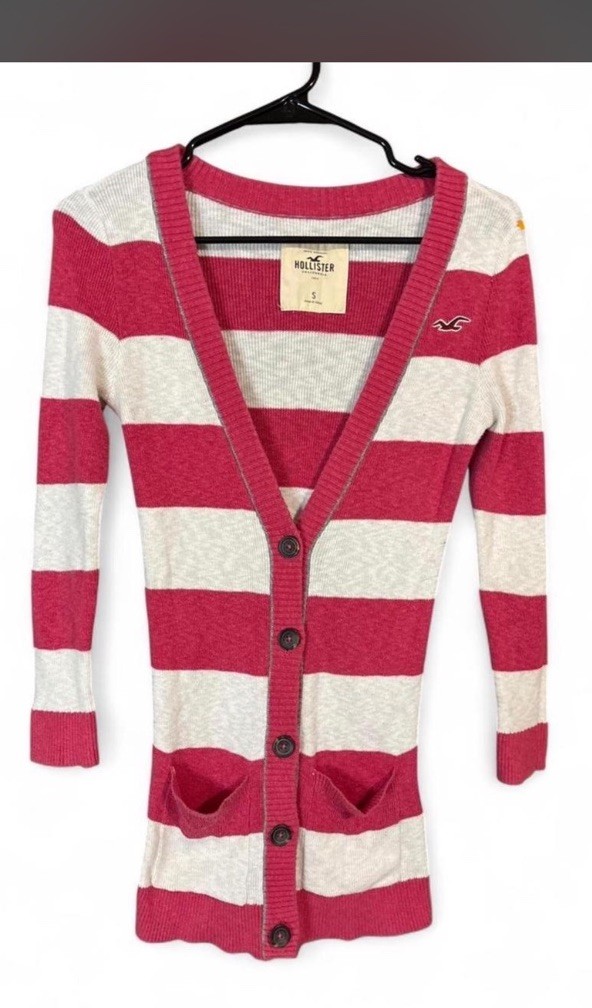 Hollister Red White Striped Knit Cardigan Sweater V-Neck Button Pockets Size S