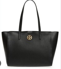 Authentic Tory Burch Carson Black Pebbled Leather Gold Logo Large Shoulder Tote