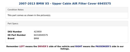 2007-2013 BMW X5 - Upper Cabin AIR Filter Cover 6945575 - Picture 4 of 5