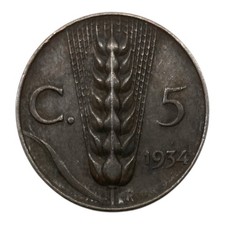 1934 Italy 5 Centesimi Coin - KM# 59