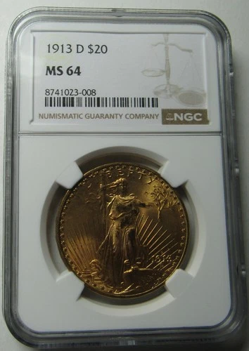 1913 D $20 Saint Gaudens Double Eagle NGC MS64, Looks GEM!