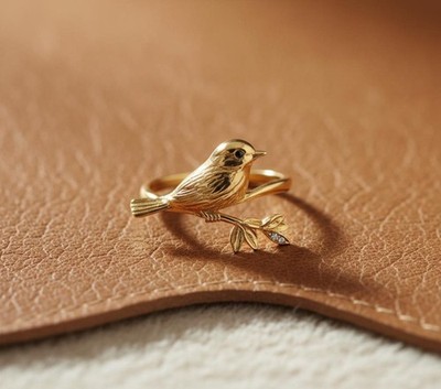 Sparrow Bird Ring, Leaf Branch Minimalist Ring, Nature Lover's Ring, Bird In
