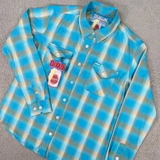 Dixxon Shirt Womens Large Blue Plaid Button Up A Cold One Flannel NEW