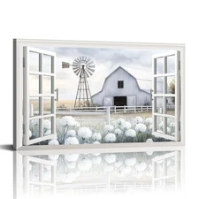 Barn Wall Art Grey and White Farmhouse Decor Barn Flower Field Canvas Picture...