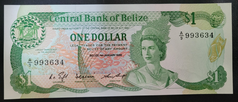 1986 Central Bank of Belize 1 Dollar - Pick 46b  UNC