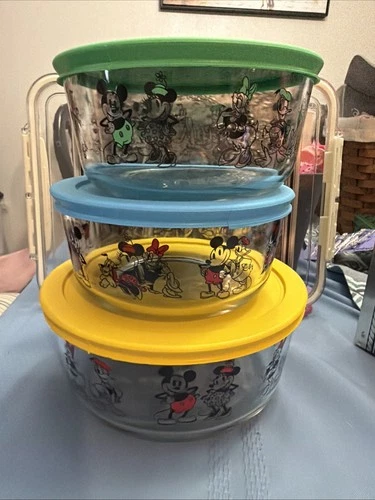 PYREX Glass Storage Bowls Set w/Lid 6 Pc-Disney Mickey & Minnie Mouse & Friends