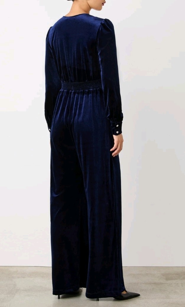 Finery Posie Long Sleeve Wide Leg V-Neck Velvet Jumpsuit, Navy, UK 10