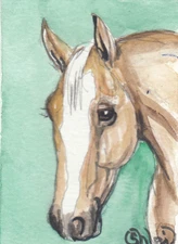 ACEO original Watercolor Art Card HORSE golden Dunalino sporty AQHA mare