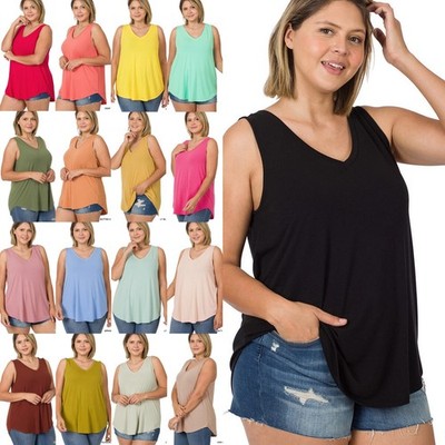 1X 2X 3X Women's V Neck Sleeveless Top Curved Hem Soft Flowy Rayon Loose Tank