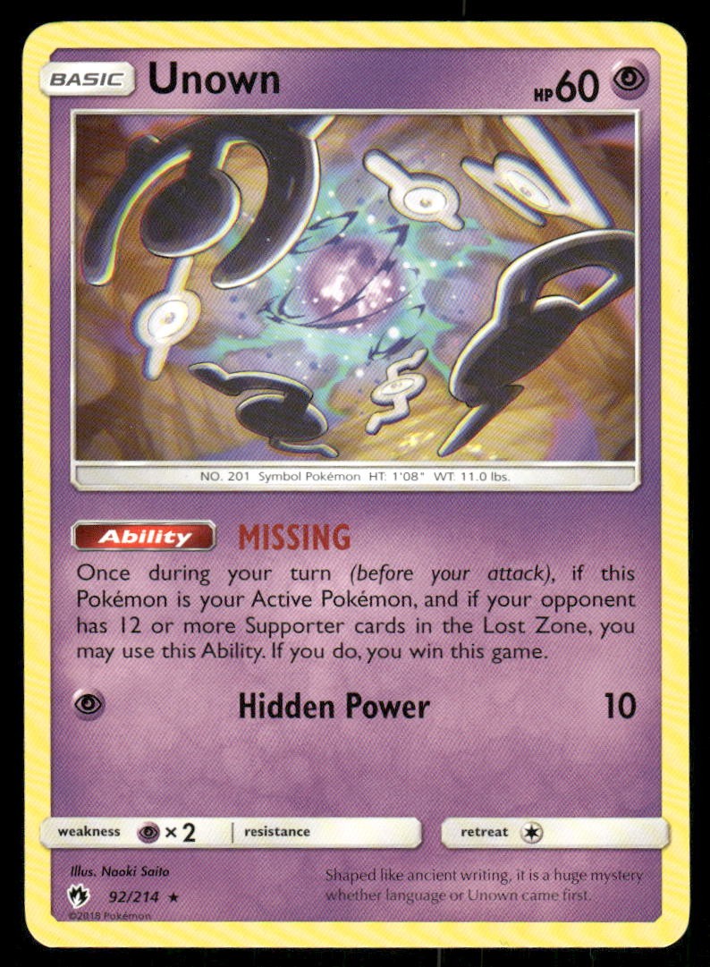 2018 Pokemon Unown Rare Lost Thunder 92/214 LP