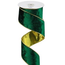 Crushed Green Velvet Ribbon With Gold Back Double Sided Christmas Wired Ribbo...