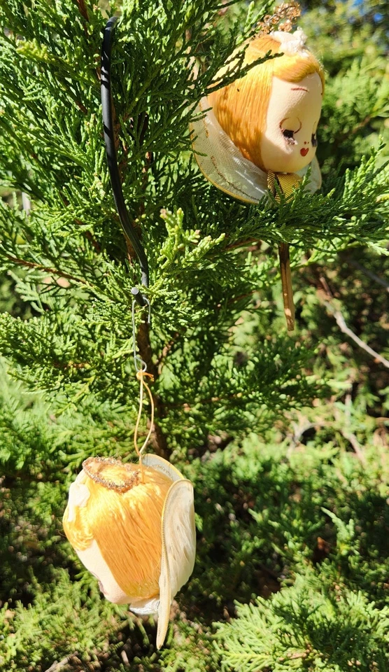 Vtg Christmas Angel Head Net Stocking Wire Rhinestone Japan Ornament Set of 2 - Image 2 of 4