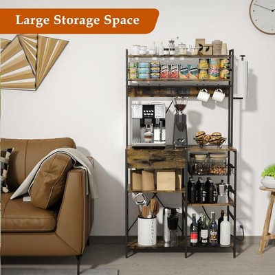 Large Brown Shelf with Power Outlet, Adjustable Shelves, Drawer and Baskets