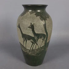 Vintage Stone Vase Carved With Relief Deer Art Piece From The 60s