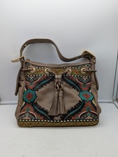 Isabella Fiore Boho Embroidered Tan Leather Shoulder Handbag Read