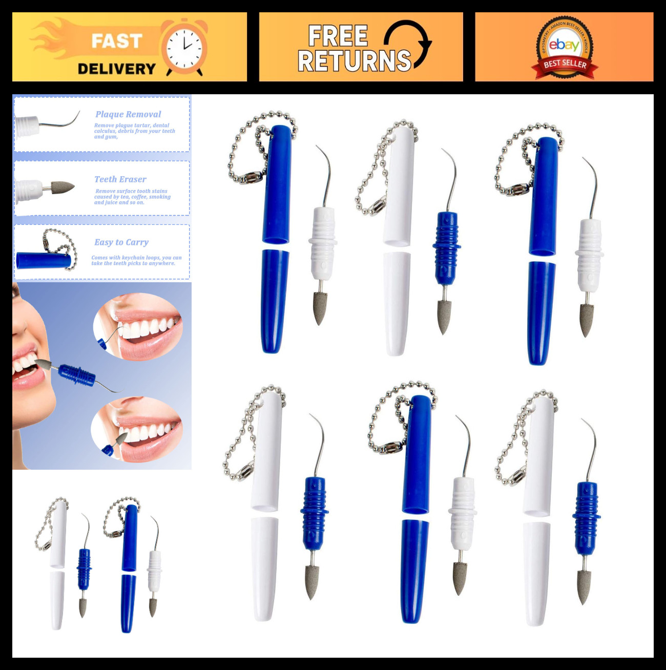 6PCS Portable Dental Picks Set - Reusable Teeth Stain Remover & Plaque Cleaner K