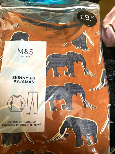 M&S Skinny Fit Elephant Print Pyjama Set 11-12 Years Brown Cotton