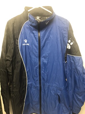 Kelme Rain Windbreaker Jacket Hooded Nylon Mesh Lined Black Blue Men's Sz Large 