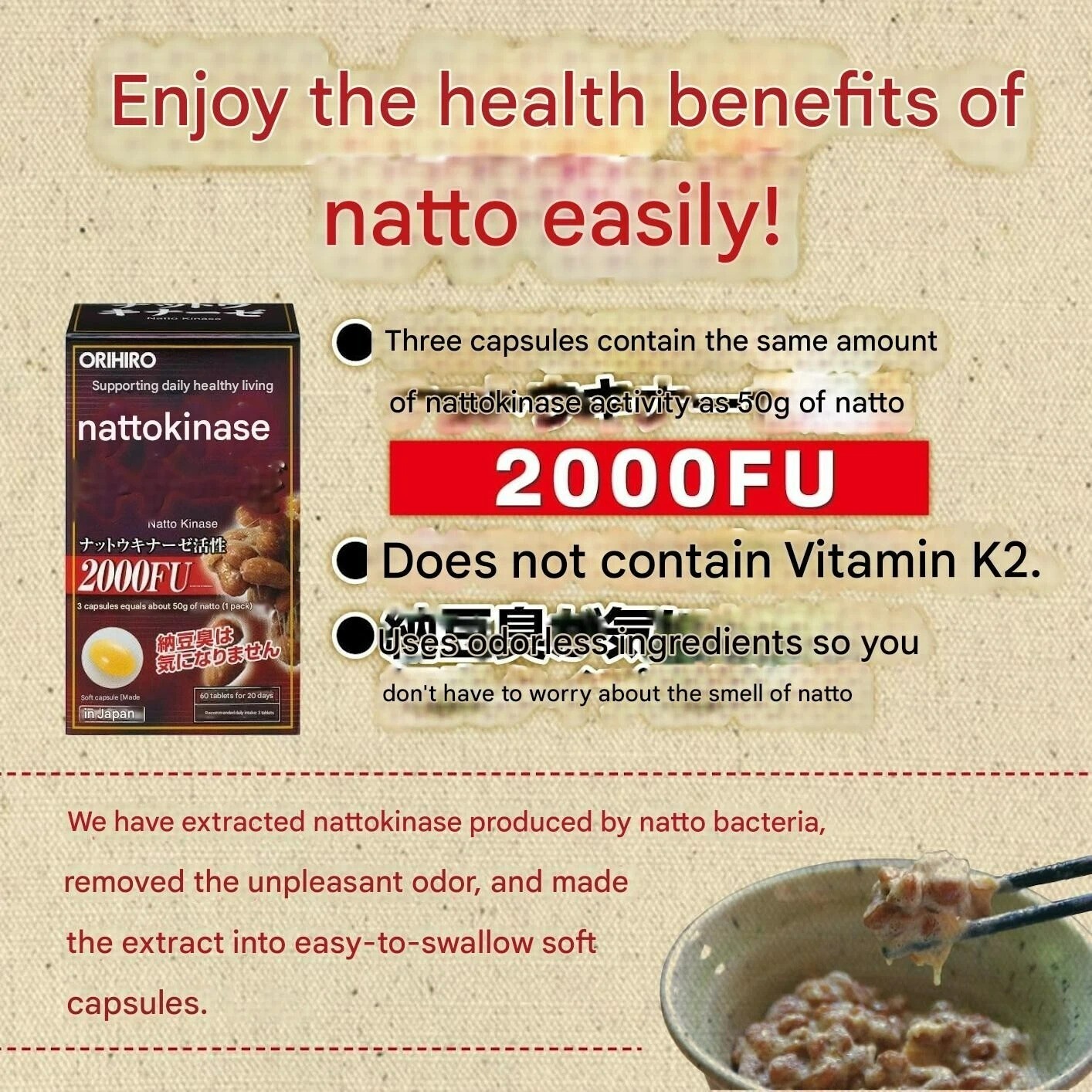 ORIHIRO Nattokinase 60 tablets (20 days' worth) 3-pack set made in Japan