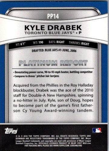 Kyle Drabek - 2010 Bowman Platinum Prospects - # PP 14 - Blue Jays - Picture 2 of 2