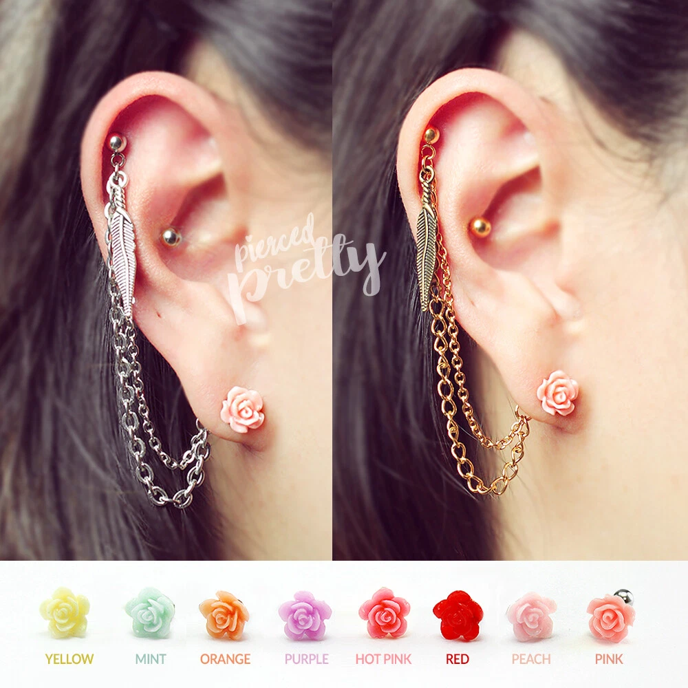 Helix to Lobe feather pink rose chain earring helix earring