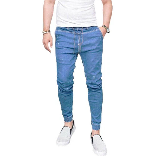 Men Elastic Waist Skinny Denim Casual Pants Slim Fit Ripped Trousers Bottoms - Picture 8 of 16