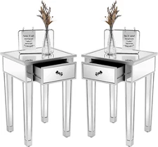 Mirrored End Table with Drawer Silver Modern Nightstand/Bedside/Accent Table Set
