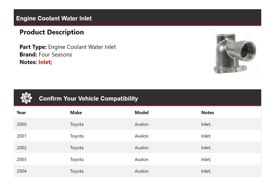 Entrada de agua refrigerante motor Toyota Avalon 2000-2004 4 estaciones 2001 2002 2003 Foto 2 de 4