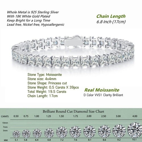 19.5CT VVS1 Moissanite Women's Tennis Bracelet 14K White Gold Finish Pass Tester - Picture 2 of 8
