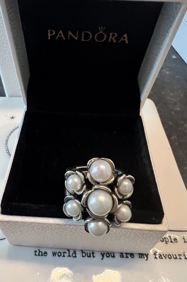 Rare Genuine Pandora Silver Wishful Thinking Pearl Cluster Ring Size 50 In Box - Image 3 of 4