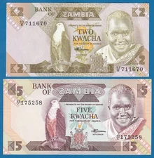 2 Notes lot ZAMBIA 2 & 5 Kwacha UNC P 24c & 25d