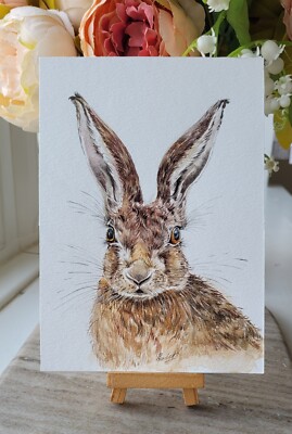 ORIGINAL Aquarell Gemälde signiert, Brauner Hase. 7''×5'' Wildlife Art NOTa PRINT