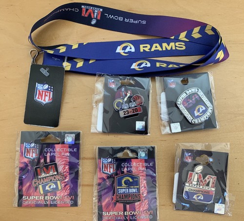 SUPERBOWL LA RAMS lanyard, and five SUPERBOWL pins NEW EEE