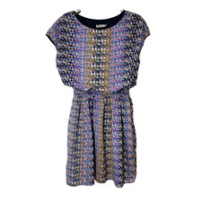 Eliza J Short Sleeve Mini Blouson Dress Womens 8 Purple Elastic Waist Geometric