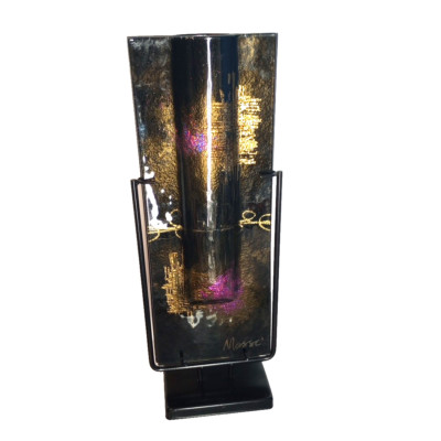 MASSI ITALIAN Art GLASS Fused Glass VASE Purple Gold 15.5'' Tall w Metal Stand 