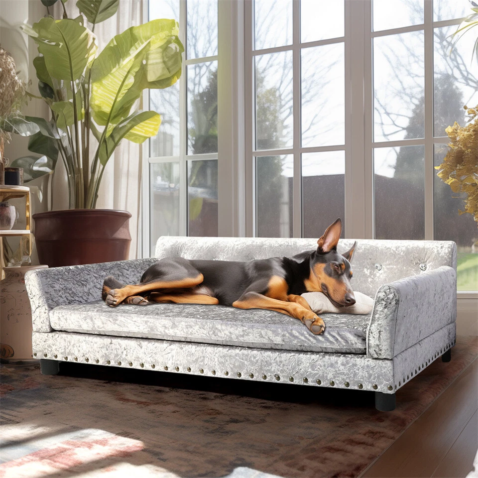 Sofá cama ortopédico grande para mascotas de lujo sofá holandés de terciopelo para perros impermeable extraíble Foto 3 de 4