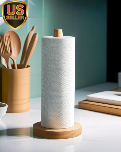 Wooden Paper Towel Holder Stand - Kitchen Paper Hanger Rack Bathroom Towel Ro...