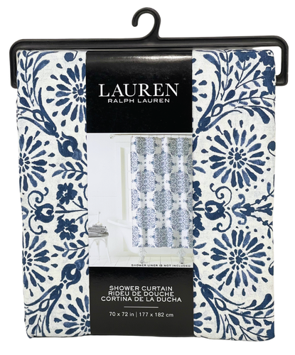 RALPH LAUREN 70" x 72" Blue Floral Medallion Designer Cotton Shower ...