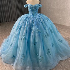 Sky Blue Shiny Quinceanera Dresses Ball Gown Party Birthday Applique Sweet 16