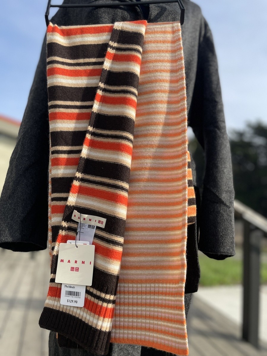 NWT MARNI + Uniqlo 100% Cashmere Striped Scarf ORANGE +Gift