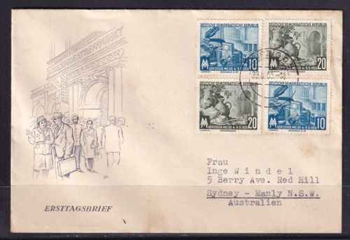 EAST GERMANY DDR 1955 FDC LEIPZIG FAIR ISSUE WITH CACHET TO AUSTRALIA #C2272
