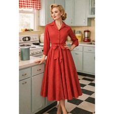 Vintage Sakowitz Red Polka Dot Dress Long Sleeve Midi Fit & Flare