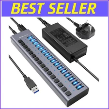Efficient 16-Port USB Hub - Aluminum, Fast 5Gbps Transfer, Safe Surge Protectors