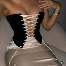 House of CB 'Jaina' Black & Vintage Cream Strapless Midi Dress NWOT size XS