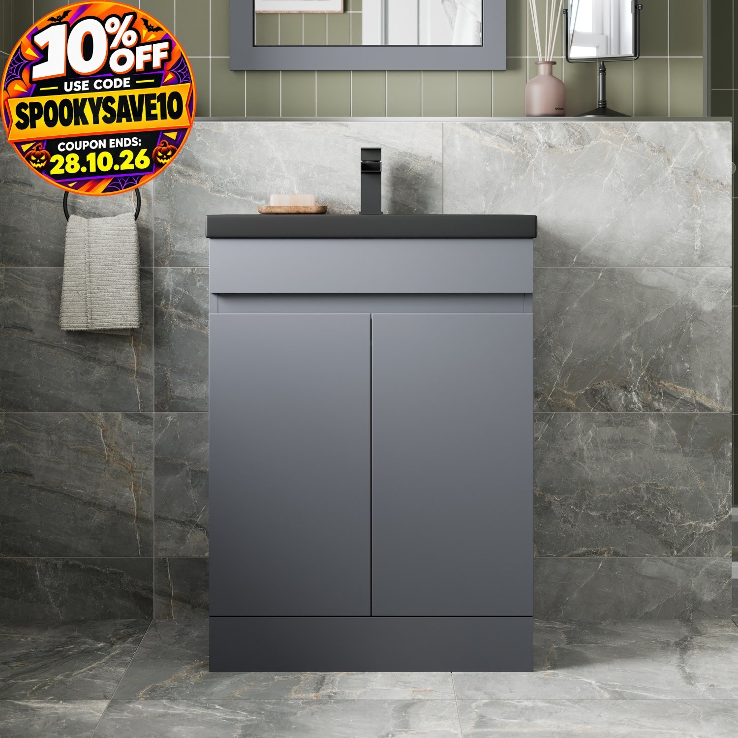 600mm Floorstanding Vanity Unit Grey Black Ceramic Basin Soft Close Doors