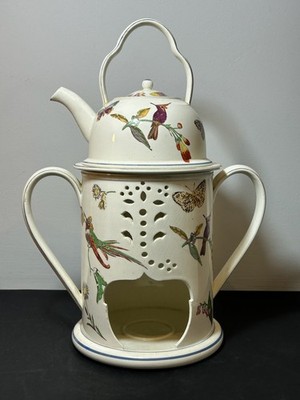 Antikes Wedgwood Creamware Veilleuse Teewärmer bemalt Vögel Schmetterlinge um 1820