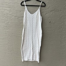 Cable Knit Ivory White Body Con L Dress Knee Calf Length Midi Stretch Thin Strap