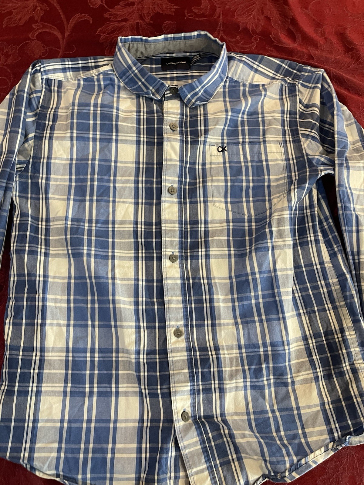 Calvin Klein Jeans Xl Boys Blue And White Plaid Button Up Shirt A-7